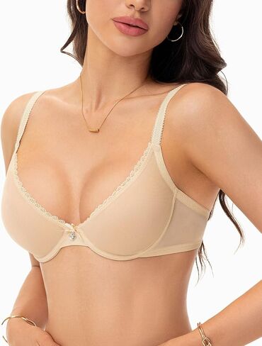 Sexy Women's See Through Mesh Balconette Bras for Women Demi Sheer Unlined Unpadded Lace Bra Plunge Bralette in Kuwait