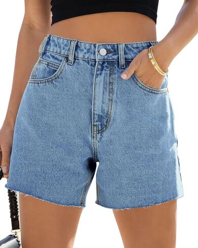 Womens High Waisted Jean Shorts Summer Baggy Stretchy Straight Leg Raw Hem Denim Shorts in Saudi Arabia