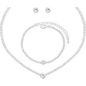 مجموعة مجوهرات فضية للنساء من الكريستال قلادة وأقراط وسوار وسوار مجوهرات الزفاف للعرائس ووصيفات العروس وإكسسوارات الأزياء الراقصة in Kuwait