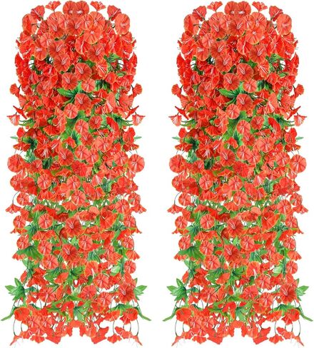 قطعتان من الزهور الاصطناعية المعلقة، نباتات بلاستيكية صناعية معلقة مقاومة للأشعة فوق البنفسجية، نباتات مجد الصباح للأماكن الداخلية والخارجية والحديقة والشرفة وديكور جدار الزفاف (أرجواني) in Kuwait