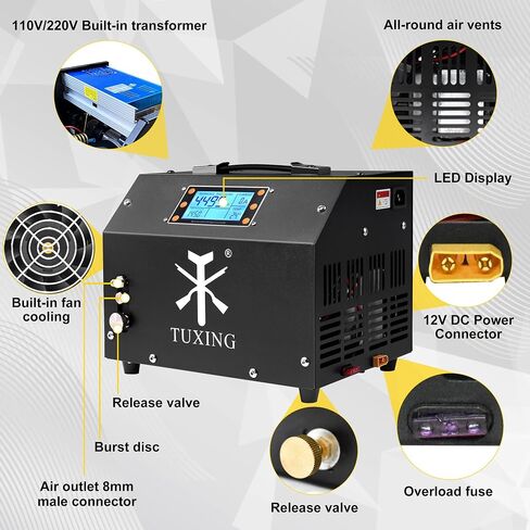 ضاغط هواء TUXING 4500Psi Pcp، شاشة LCD مطورة، مضخة هواء محول مدمجة لمسدس هواء pcp مع فاصل الماء/الزيت in Saudi Arabia