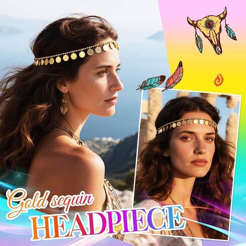 Catery Gold Coins Head Chain Jewelry Gypsy Headpiece Boho Sequin Cotusme Accessories for Women (Small Coin) in Saudi Arabia
