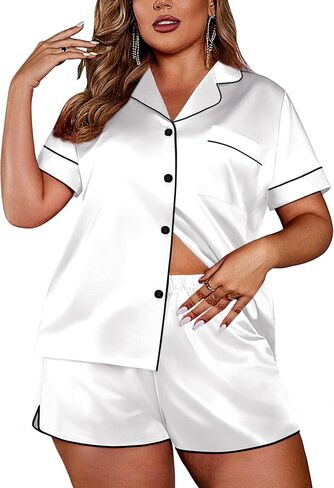 Ekouaer Womens Christmas Print Contrast Piping Satin Silk Button Down Top and Shorts Sleepwear Pajamas Set Small in Saudi Arabia