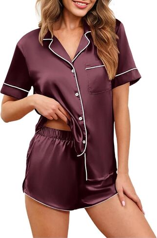 Ekouaer Womens Christmas Print Contrast Piping Satin Silk Button Down Top and Shorts Sleepwear Pajamas Set Small in Saudi Arabia