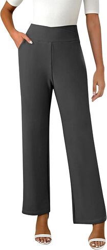 Womens Straight Leg Solid Color Pants Elastic High Waist Pant Fashion Dressy Causal Loose Work Trousers with Pocket in Saudi Arabia
