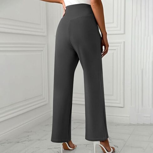 Womens Straight Leg Solid Color Pants Elastic High Waist Pant Fashion Dressy Causal Loose Work Trousers with Pocket in Saudi Arabia