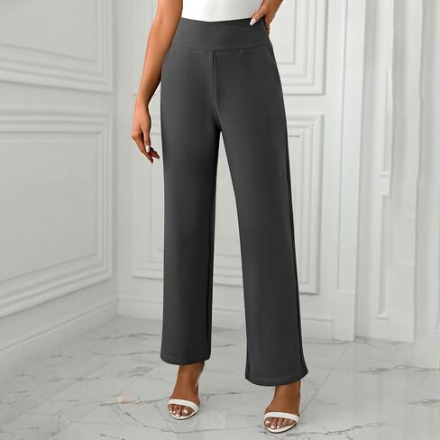 Womens Straight Leg Solid Color Pants Elastic High Waist Pant Fashion Dressy Causal Loose Work Trousers with Pocket in Saudi Arabia