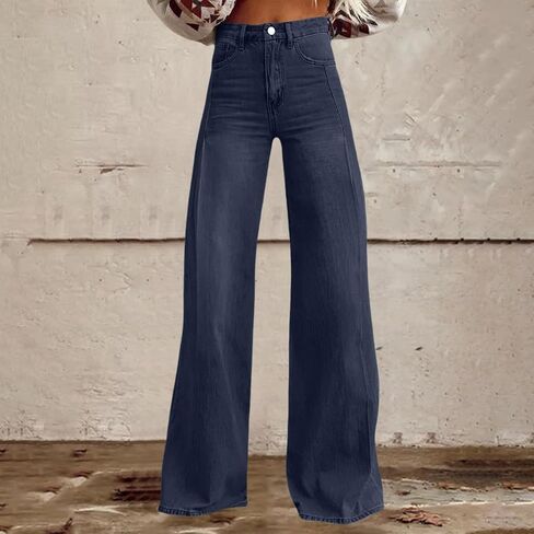 Women's High Waisted Straight Leg Jeans Trendy Plus Size Wide Leg Button Zipper Pants Loose Trousers with Pockets in Saudi Arabia