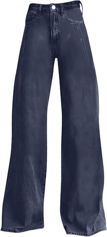 Women's High Waisted Straight Leg Jeans Trendy Plus Size Wide Leg Button Zipper Pants Loose Trousers with Pockets in Saudi Arabia
