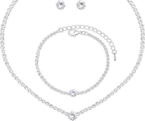 مجموعة مجوهرات فضية للنساء من الكريستال قلادة وأقراط وسوار وسوار مجوهرات الزفاف للعرائس ووصيفات العروس وإكسسوارات الأزياء الراقصة in Kuwait