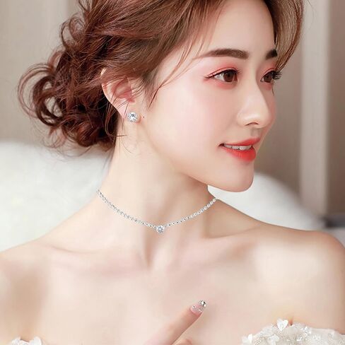 مجموعة مجوهرات فضية للنساء من الكريستال قلادة وأقراط وسوار وسوار مجوهرات الزفاف للعرائس ووصيفات العروس وإكسسوارات الأزياء الراقصة in Kuwait