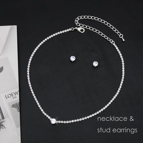 مجموعة مجوهرات فضية للنساء من الكريستال قلادة وأقراط وسوار وسوار مجوهرات الزفاف للعرائس ووصيفات العروس وإكسسوارات الأزياء الراقصة in Kuwait