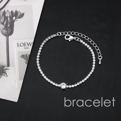 مجموعة مجوهرات فضية للنساء من الكريستال قلادة وأقراط وسوار وسوار مجوهرات الزفاف للعرائس ووصيفات العروس وإكسسوارات الأزياء الراقصة in Kuwait