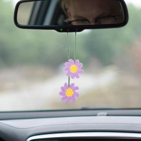 Cute Car Hanging Accessories, Rear View Mirror Decor Daisy Flower Charm for Women Handmade Knitted Boho Aesthetic Pendant(Cotton) in Saudi Arabia