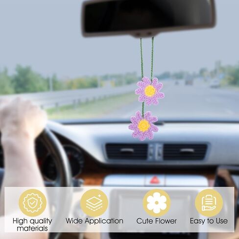 Cute Car Hanging Accessories, Rear View Mirror Decor Daisy Flower Charm for Women Handmade Knitted Boho Aesthetic Pendant(Cotton) in Saudi Arabia