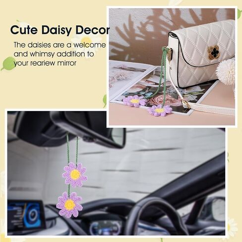 Cute Car Hanging Accessories, Rear View Mirror Decor Daisy Flower Charm for Women Handmade Knitted Boho Aesthetic Pendant(Cotton) in Saudi Arabia