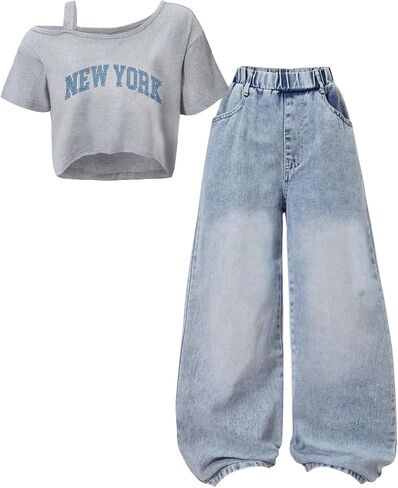 OYOANGLE Girl's 2 Pieces Outfits Y2K Letter Print Top Shirts and Denim Loose Long Pants Jeans Sets in Saudi Arabia