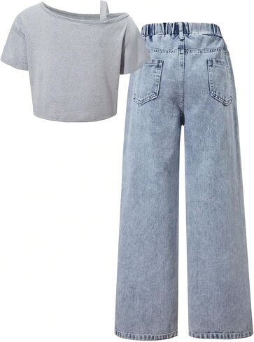 OYOANGLE Girl's 2 Pieces Outfits Y2K Letter Print Top Shirts and Denim Loose Long Pants Jeans Sets in Saudi Arabia