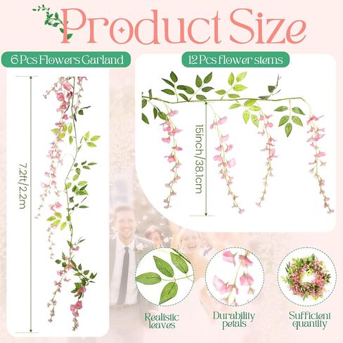 Crowye 10 Pcs 72 ft Artificial Flowers Silk Wisteria Garland Artificial Wisteria Vine Silk Hanging Flower Decorations Flower Vines for Wall Wedding Arch Party Backdrop Home Garden Outdoor (Pink) in Saudi Arabia