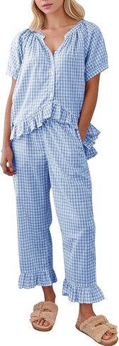 COZYPOIN Womens Gingham Pajama Set 2 Piece Plaid Cotton Pjs Cute Ruffle Sleepwear Maternity Bridesmaid Pajamas Loungewear in Saudi Arabia