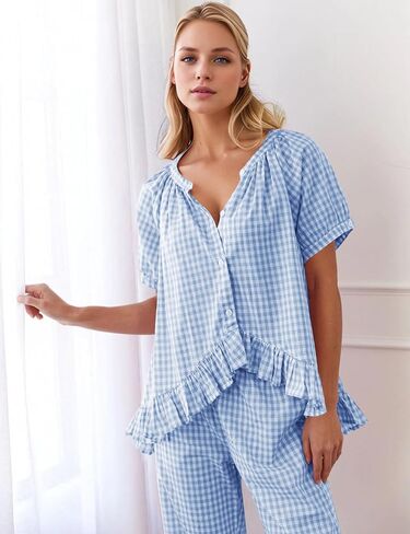 COZYPOIN Womens Gingham Pajama Set 2 Piece Plaid Cotton Pjs Cute Ruffle Sleepwear Maternity Bridesmaid Pajamas Loungewear in Saudi Arabia