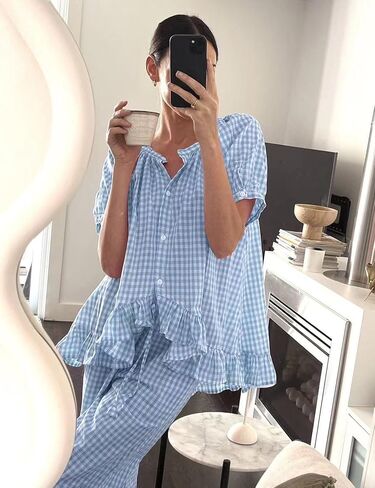 COZYPOIN Womens Gingham Pajama Set 2 Piece Plaid Cotton Pjs Cute Ruffle Sleepwear Maternity Bridesmaid Pajamas Loungewear in Saudi Arabia