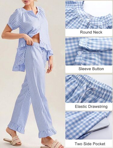 COZYPOIN Womens Gingham Pajama Set 2 Piece Plaid Cotton Pjs Cute Ruffle Sleepwear Maternity Bridesmaid Pajamas Loungewear in Saudi Arabia