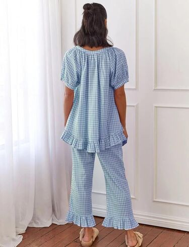 COZYPOIN Womens Gingham Pajama Set 2 Piece Plaid Cotton Pjs Cute Ruffle Sleepwear Maternity Bridesmaid Pajamas Loungewear in Saudi Arabia