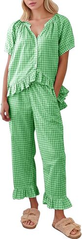 COZYPOIN Womens Gingham Pajama Set 2 Piece Plaid Cotton Pjs Cute Ruffle Sleepwear Maternity Bridesmaid Pajamas Loungewear in Saudi Arabia