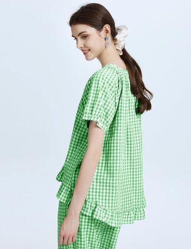 COZYPOIN Womens Gingham Pajama Set 2 Piece Plaid Cotton Pjs Cute Ruffle Sleepwear Maternity Bridesmaid Pajamas Loungewear in Saudi Arabia