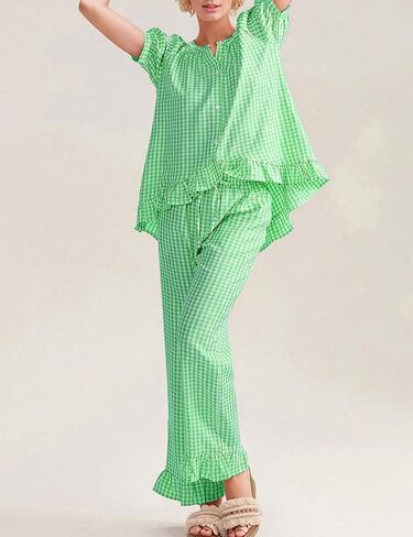 COZYPOIN Womens Gingham Pajama Set 2 Piece Plaid Cotton Pjs Cute Ruffle Sleepwear Maternity Bridesmaid Pajamas Loungewear in Saudi Arabia
