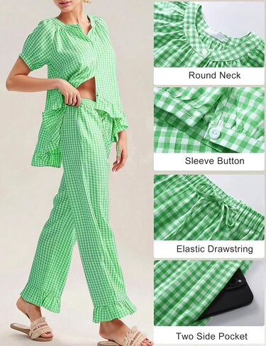 COZYPOIN Womens Gingham Pajama Set 2 Piece Plaid Cotton Pjs Cute Ruffle Sleepwear Maternity Bridesmaid Pajamas Loungewear in Saudi Arabia