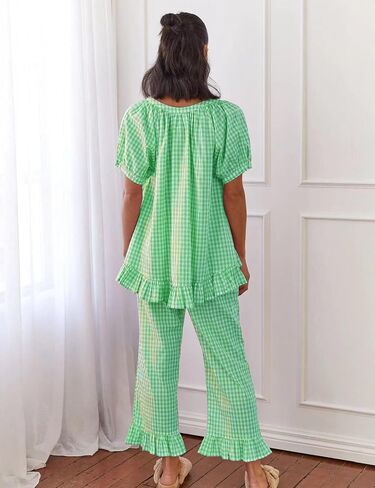 COZYPOIN Womens Gingham Pajama Set 2 Piece Plaid Cotton Pjs Cute Ruffle Sleepwear Maternity Bridesmaid Pajamas Loungewear in Saudi Arabia