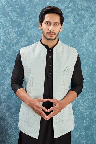 Indian Traditional Jacquard Open Waistcoat Weddings Festive Occasions Nehru Jacket For Men in Kuwait