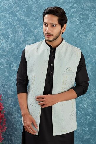 Indian Traditional Jacquard Open Waistcoat Weddings Festive Occasions Nehru Jacket For Men in Kuwait