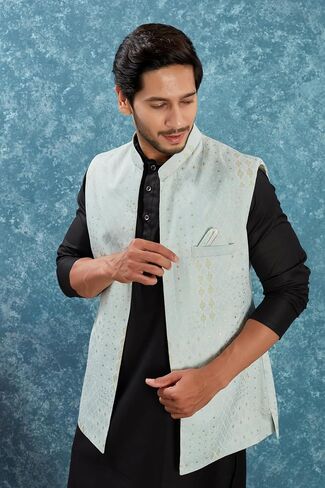 Indian Traditional Jacquard Open Waistcoat Weddings Festive Occasions Nehru Jacket For Men in Kuwait