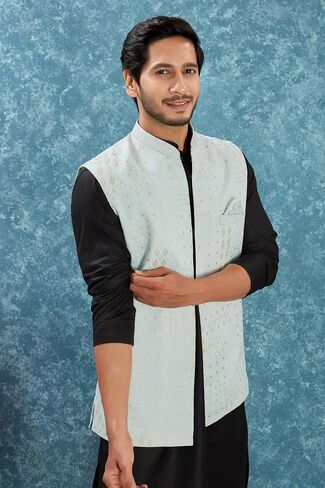 Indian Traditional Jacquard Open Waistcoat Weddings Festive Occasions Nehru Jacket For Men in Kuwait