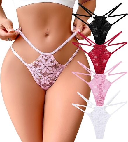 G-String Thongs for Women Sexy Lace Floral Hollow Out Cheeky Underwear Breathable No Show Invisible Panties 4 Pack in Kuwait