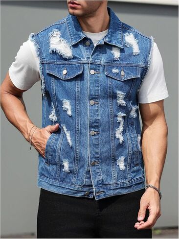 Floerns Men's Distressed Ripped Jean Vest Sleeveless Button Front Denim Vest in Saudi Arabia
