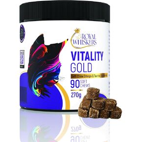 Vitality Gold: Feline Health Chews - Omega 3,Taurine,CoQ10, & Biotin Rich - Vet-Formulated for Cell,Heart,Brain, Vision Wellness - 90 (3g) Chews, Made in USA