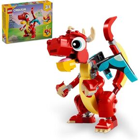 LEGO Creator 3 in 1 Red Dragon Toy, Transforms from Dragon Toy to Fish Toy to Phoenix Toy, Gift Idea for Boys and Girls Ages 6 and Up, Animal Toy Set for Kids, 31145