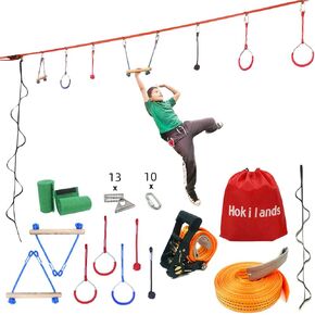 50 FT Jungle Gym Slackline Ninja Warrior Training Equipment for Kids Adult, Adjust Hanging Obstacles Course Kit - Climb Rope Ladder, Wood Bar, Ninja Rings, Fists, Backyard Playground Swing Monkey Bars