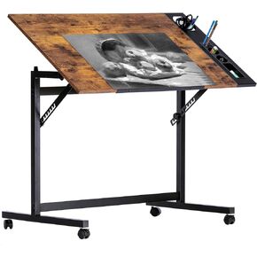 VECELO Vintage Drawing Drafting Table, Adjustable Tilting Top Art Desk Craft Work Station with Pencil Ledge, Lockable Slide Rolling Wheels for Painting Diamond Reading Writing Study, Rustic Brown