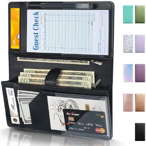 Server Book High Volume, Expandable Server Books for Waitress, Waiter Book, Sturdy Leather Waitress Book with 2 Zipper Pockets and Magnetic Pocket, Waiter Wallet Booklet Fit Server Apron (Black)
