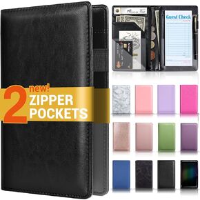 Server Book with 2 Zipper Pockets, Leather Server Books for Waitress, Waiter Book, Sturdy Waitress Book with Money Pocket and Zipper, Waiter Wallet Server Booklet Checkbook Fit Server Apron (Black)