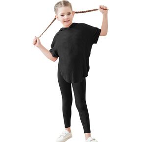 LecGee Kid Girl Summer Hoodie Sets Ribbed Knit Short Sleeve Sweatshirt Legging Pants 2 Piece Outfit Tracksuits Sweatsuit