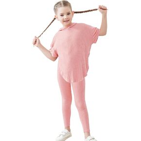 LecGee Kid Girl Summer Hoodie Sets Ribbed Knit Short Sleeve Sweatshirt Legging Pants 2 Piece Outfit Tracksuits Sweatsuit