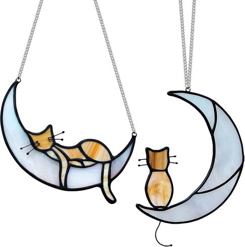 2 Pack Orange Tabby Cat Decor Cat Memorial Gifts Cat Suncatcher for Window Hanging Cat Gifts for Cat Lovers for Women Cat Remembrance Gifts Loss of Cat Sympathy Gift Cat on Moon Decor in Saudi Arabia