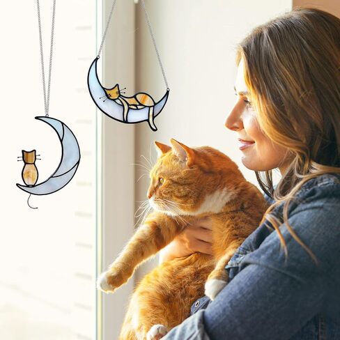 2 Pack Orange Tabby Cat Decor Cat Memorial Gifts Cat Suncatcher for Window Hanging Cat Gifts for Cat Lovers for Women Cat Remembrance Gifts Loss of Cat Sympathy Gift Cat on Moon Decor in Saudi Arabia