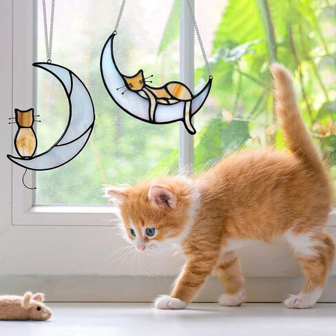 2 Pack Orange Tabby Cat Decor Cat Memorial Gifts Cat Suncatcher for Window Hanging Cat Gifts for Cat Lovers for Women Cat Remembrance Gifts Loss of Cat Sympathy Gift Cat on Moon Decor in Saudi Arabia
